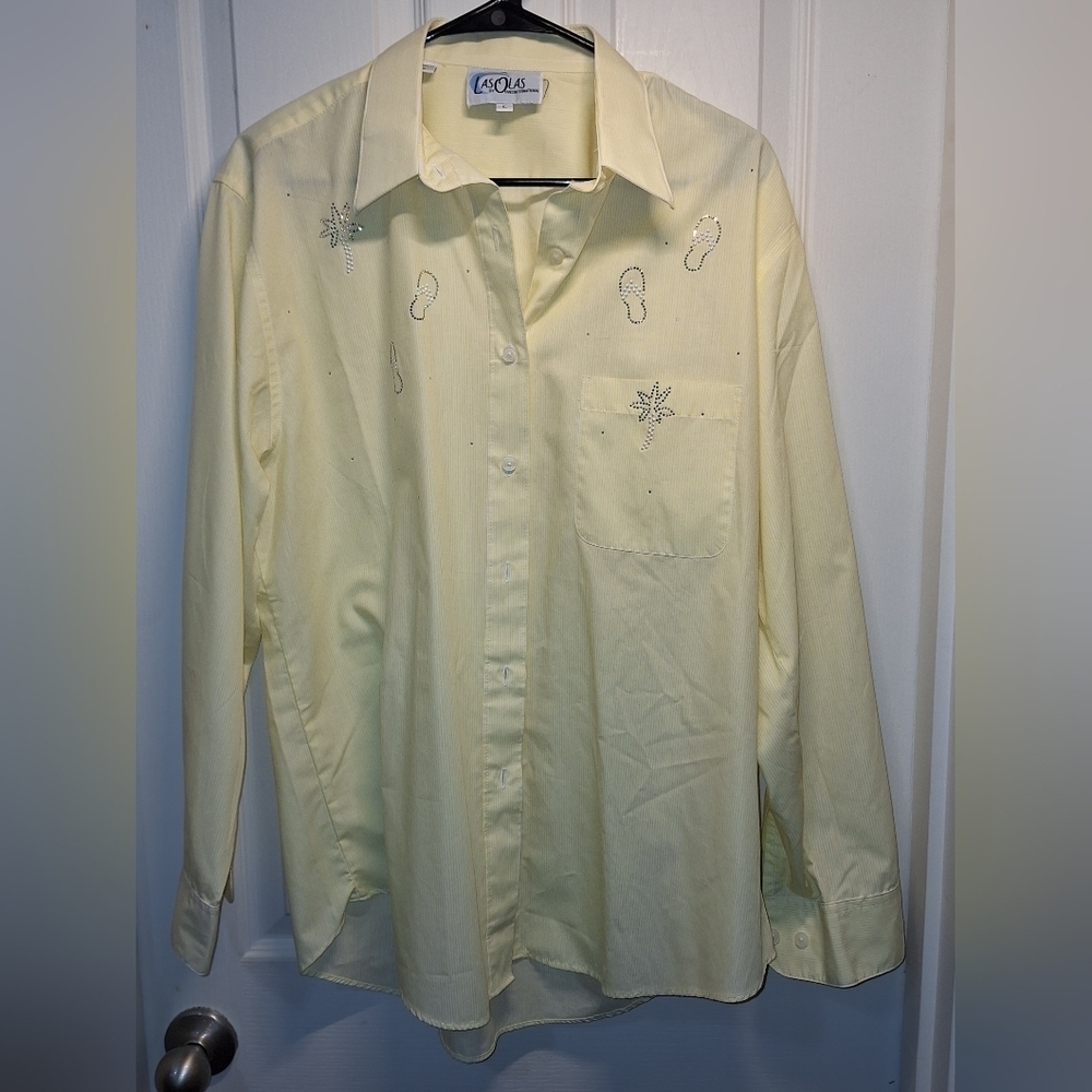 Light Stripes Sunshine Yellow Embroidered Rhinestone Button Up Shirt L